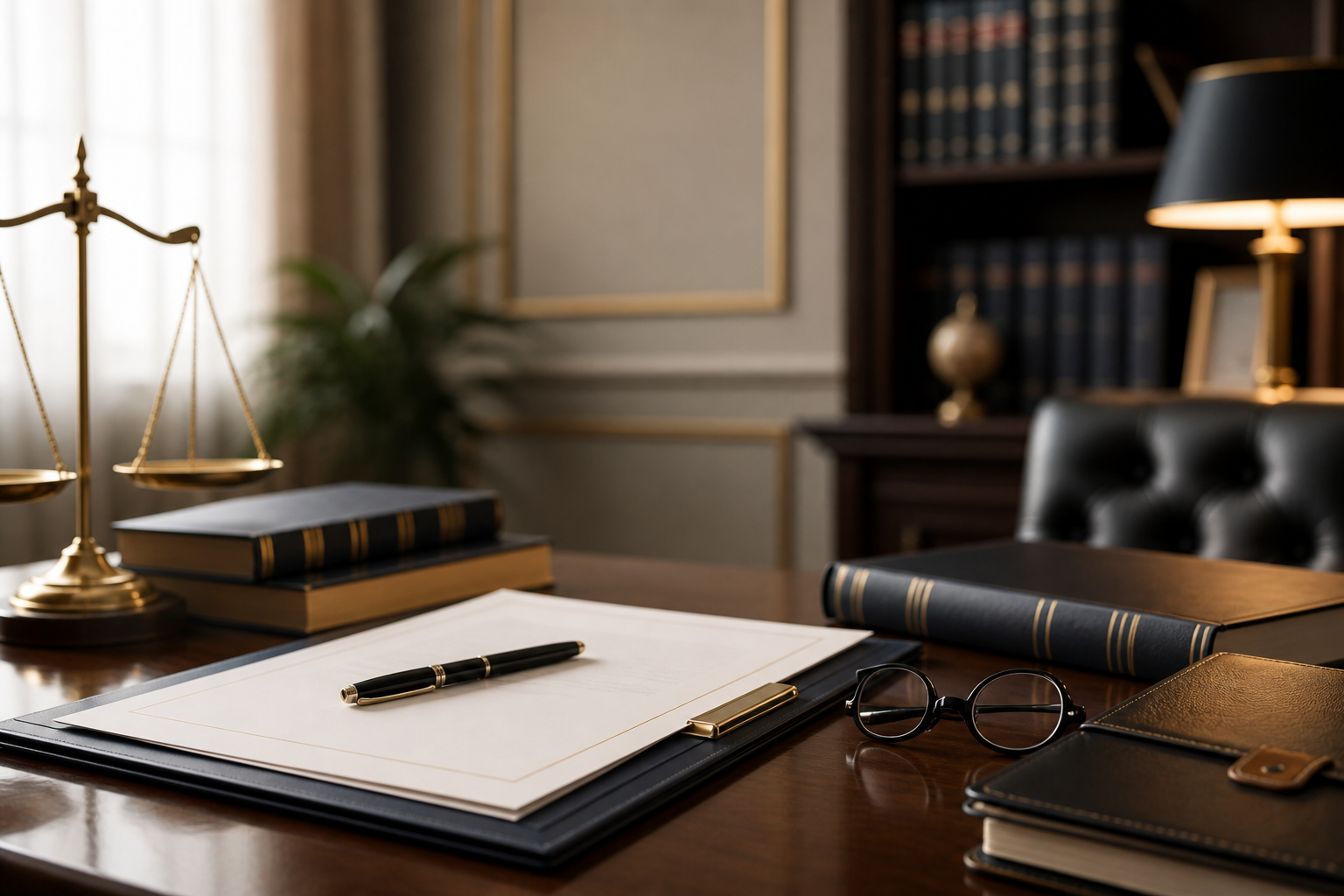 Legal consultation desk with documents, pen, law books, and scales of justice