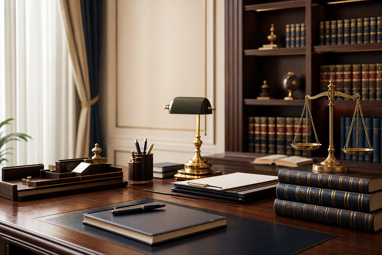 Law firm chambers with legal books, desk, and scales of justice