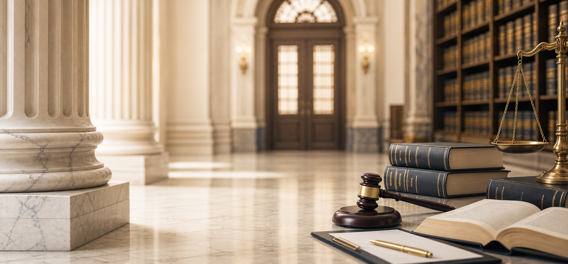 Court corridor with law books, gavel, and scales of justice